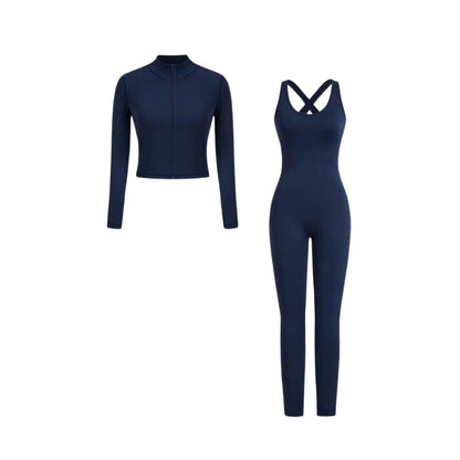 Zip up Crop Top & Cut Out Overalls Jumpsuit Two-Piece Set